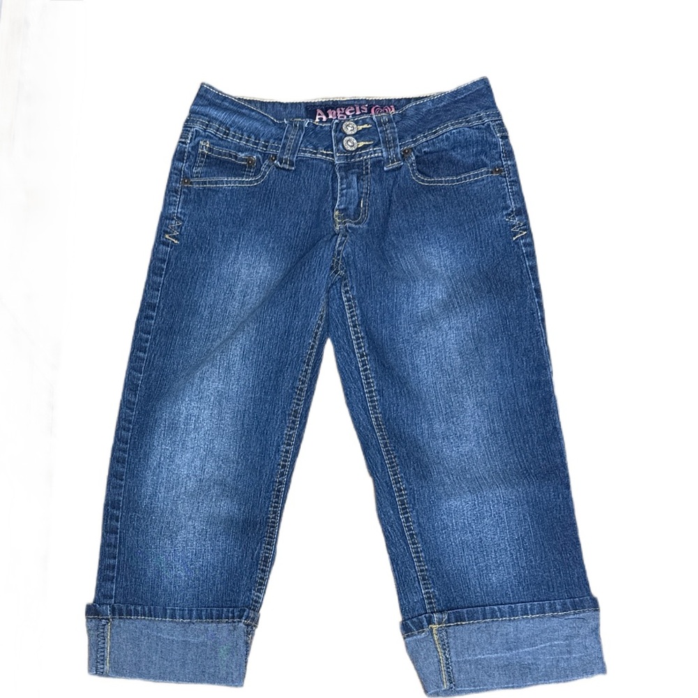 Angels Jeans Girls Med Wash Capri Denim Jeans With Cuffs & Flap Pockets Size 12